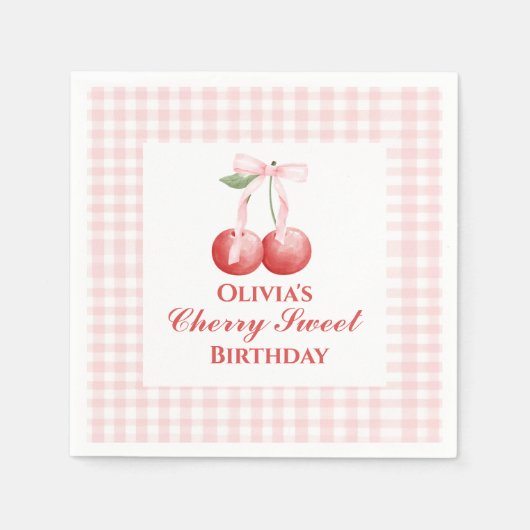 Cherry Sweet Geburtstag Pink Bow Gingham Serviette (Vorderseite)