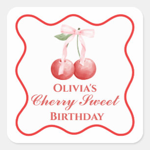 Cherry Sweet Geburtstag Rosa Schleife Gingham Quadratischer Aufkleber
