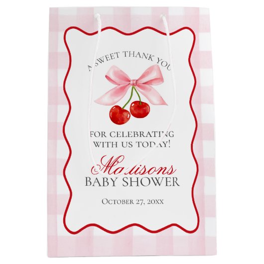 Cherry Sweet Pink Coquette Bow Baby Shower Favorit Mittlere Geschenktüte (Vorderseite)