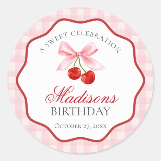 Cherry Sweet Pink Coquette Bow Birthday Siegel Runder Aufkleber (Vorderseite)