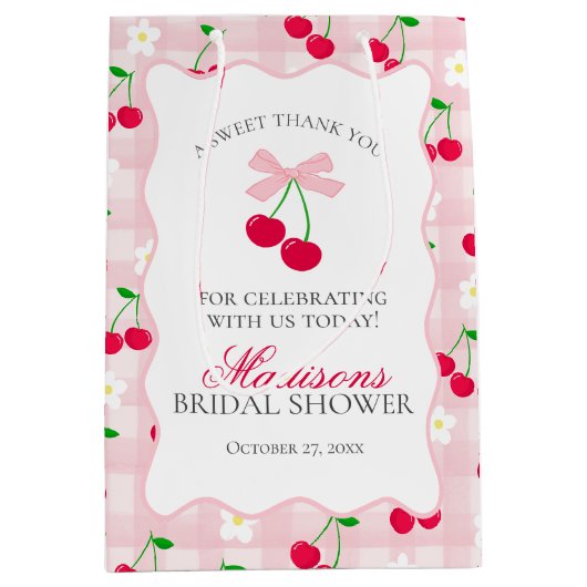 Cherry Sweet Pink Coquette Bow Brautparty Gefallen Mittlere Geschenktüte (Vorderseite)