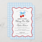 Cherry Sweet Pink Coquette Bow Gingham Baby Dusche Einladung (Vorne/Hinten)