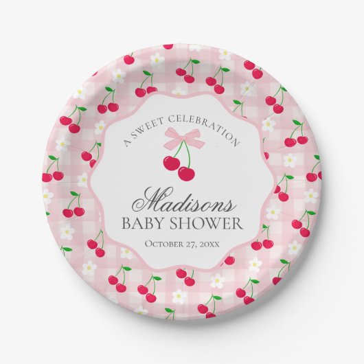 Cherry Sweet Pink Coquette Bow Gingham Baby Dusche Pappteller (Vorderseite)