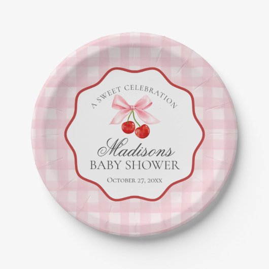 Cherry Sweet Pink Coquette Bow Gingham Baby Dusche Pappteller (Vorderseite)