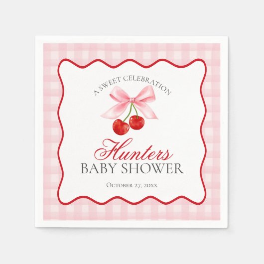 Cherry Sweet Pink Coquette Bow Gingham Baby Dusche Serviette (Vorderseite)