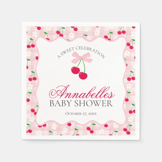 Cherry Sweet Pink Coquette Bow Gingham Baby Dusche Serviette (Vorderseite)
