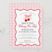 Cherry Sweet Pink Coquette Bow Gingham Birthday Einladung (Vorne/Hinten)