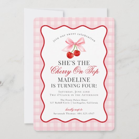Cherry Sweet Pink Coquette Bow Gingham Birthday Einladung (Vorderseite)
