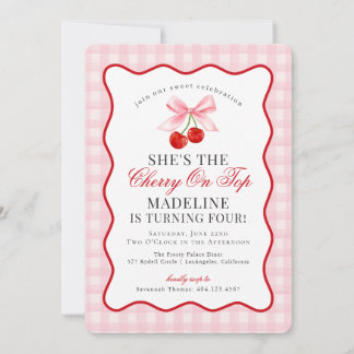 Cherry Sweet Pink Coquette Bow Gingham Birthday Einladung