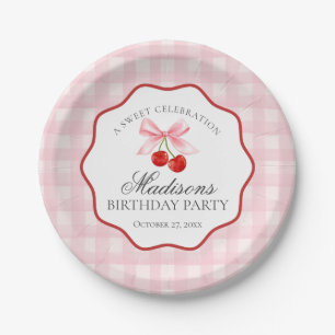 Cherry Sweet Pink Coquette Bow Gingham Birthday Pappteller