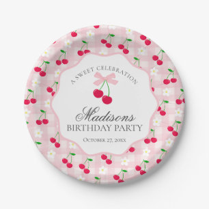 Cherry Sweet Pink Coquette Bow Gingham Birthday Pappteller