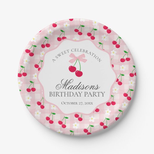 Cherry Sweet Pink Coquette Bow Gingham Birthday Pappteller (Vorderseite)