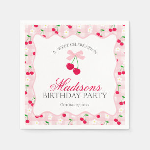 Cherry Sweet Pink Coquette Bow Gingham Birthday Serviette