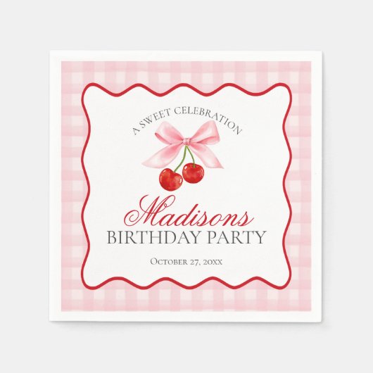 Cherry Sweet Pink Coquette Bow Gingham Birthday Serviette (Vorderseite)