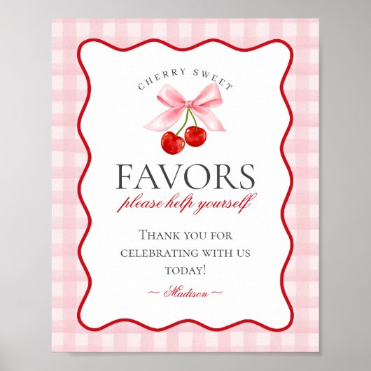 Cherry Sweet Pink Coquette Bow Gingham Favors Zeic Poster (Vorne)