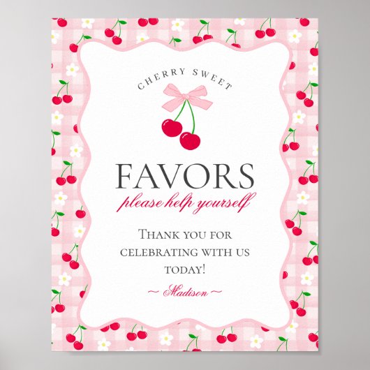 Cherry Sweet Pink Coquette Bow Gingham Favors Zeic Poster (Vorne)