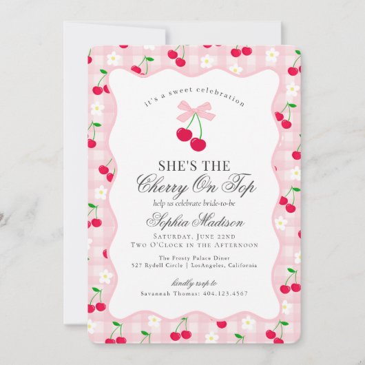 Cherry Sweet Pink Coquette Gingham Brautparty Einladung (Vorderseite)