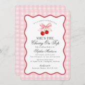 Cherry Sweet Pink Coquette Gingham Brautparty Einladung (Vorne/Hinten)