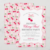 Cherry Sweet Pink Coquette Gingham Erster Geburtst Einladung (Vorne/Hinten)
