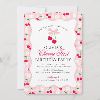 Cherry Sweet Pink Coquette Gingham Erster Geburtst Einladung