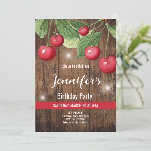 Cherry Themed Birthday Party Einladung (Stehend Vorderseite)
