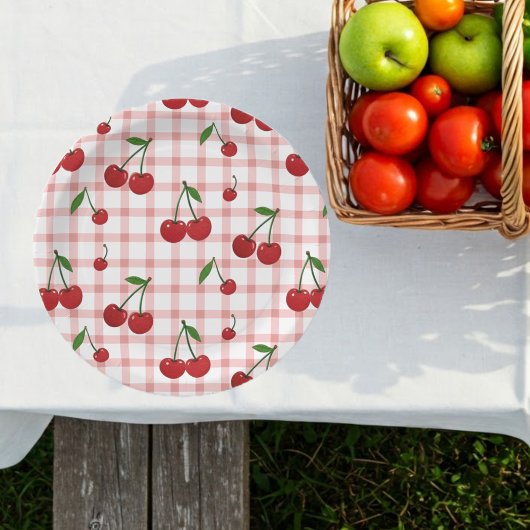 Cherry Themed Paper Plate Set with Pink Checkered  Pappteller