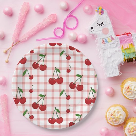 Cherry Themed Paper Plate Set with Pink Checkered  Pappteller (Party)