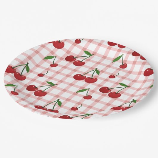 Cherry Themed Paper Plate Set with Pink Checkered Pappteller (Schrägansicht)