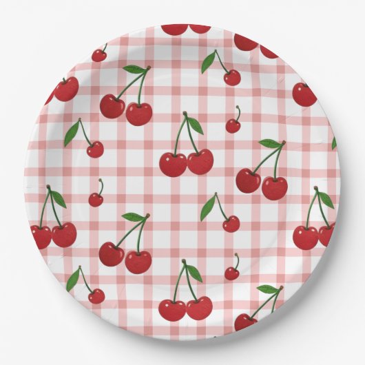 Cherry Themed Paper Plate Set with Pink Checkered  Pappteller (Vorderseite)