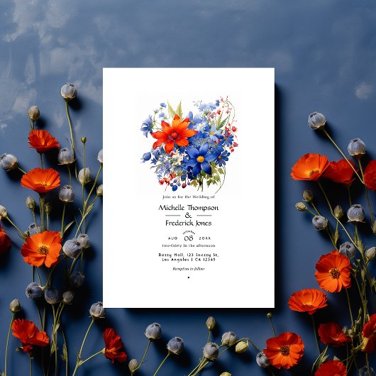Cherry Tomato und Royal Blue Floral Wedding Einladung