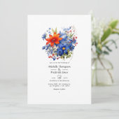 Cherry Tomato und Royal Blue Floral Wedding Einladung (Stehend Vorderseite)