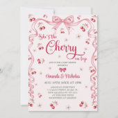Cherry Top Pink Bow Girl Babydusche Einladung (Vorderseite)