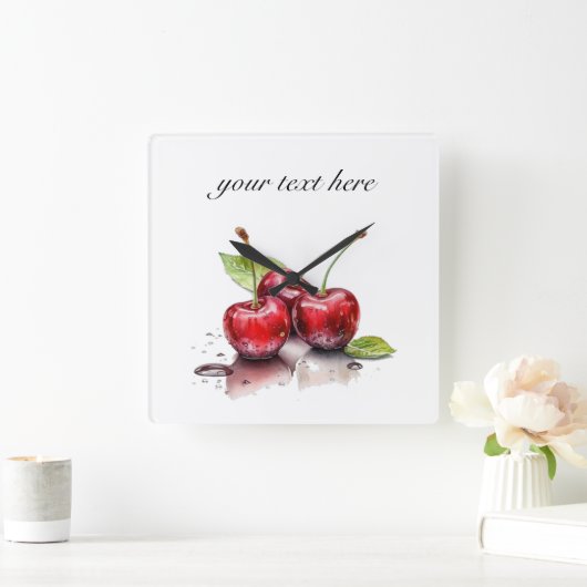 Cherry Trio in Wasserfarbe, nach Maß Quadratische Wanduhr (Zuhause)