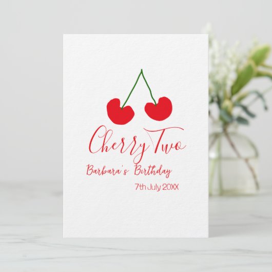 Cherry two 2nd birthday red cherry kids simple  einladung (Stehend Vorderseite)
