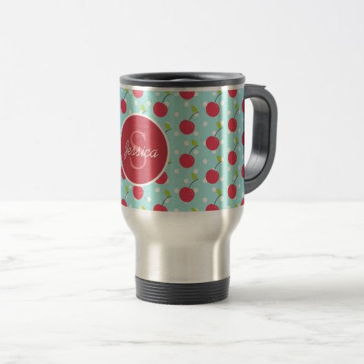 Cherry und Blue Polka Dot Muster Personalisiert Reisebecher (VorderseiteRechts)