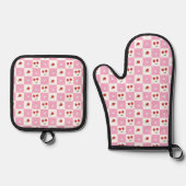 Cherry und Tiny Blossom Pink Gingham Pattern Ofenhandschuh & Topflappen-Set (Vorderseite)