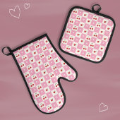 Cherry und Tiny Blossom Pink Gingham Pattern Ofenhandschuh & Topflappen-Set