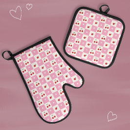 Cherry und Tiny Blossom Pink Gingham Pattern Ofenhandschuh & Topflappen-Set