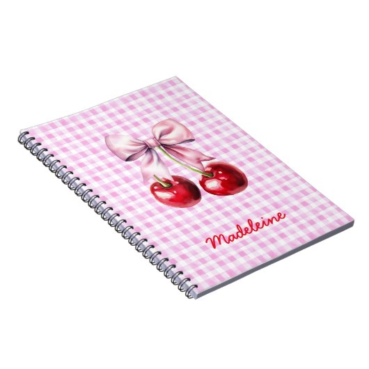 Cherry with Cute Pink Bow on Gingham Custom Name Notizblock (Rechte Seite)