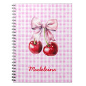 Cherry with Cute Pink Bow on Gingham Custom Name Notizblock (Vorderseite)