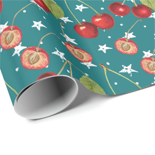 Cherry Wrapping Paper mit dusty Blue Background Geschenkpapier (Rolleneckpunkt)