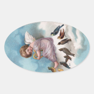 Cherub and Birds on Cloud Vintag East Ovaler Aufkleber