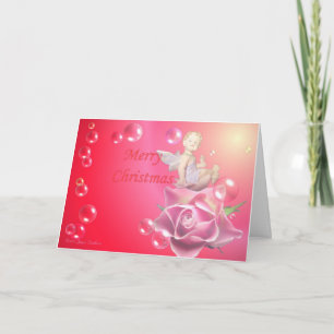 Cherub auf einer Rose mit Blasen - Frohe Weihnacht Feiertagskarte