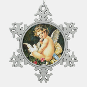 Cherub Cupid Taube Rose Herz Schneeflocken Zinn-Ornament