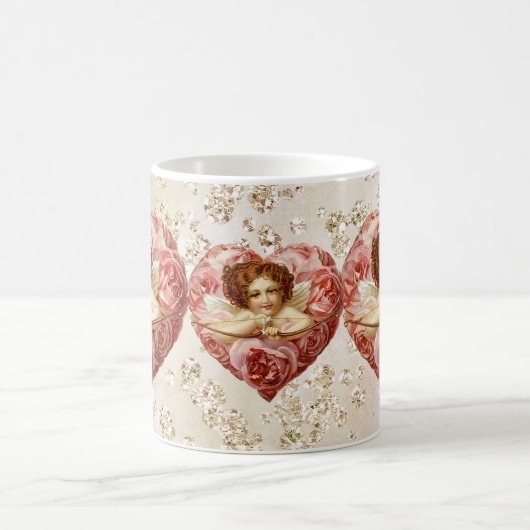 Cherub mit Arrow Rose Herz Bokeh Bling Kaffeetasse (Mittel)