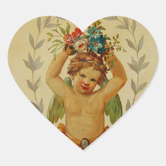 Cherub mit Blumensträußen Herz-Aufkleber (Vorderseite)