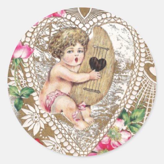 Cherub Playing Harp Illustration Runder Aufkleber (Vorderseite)
