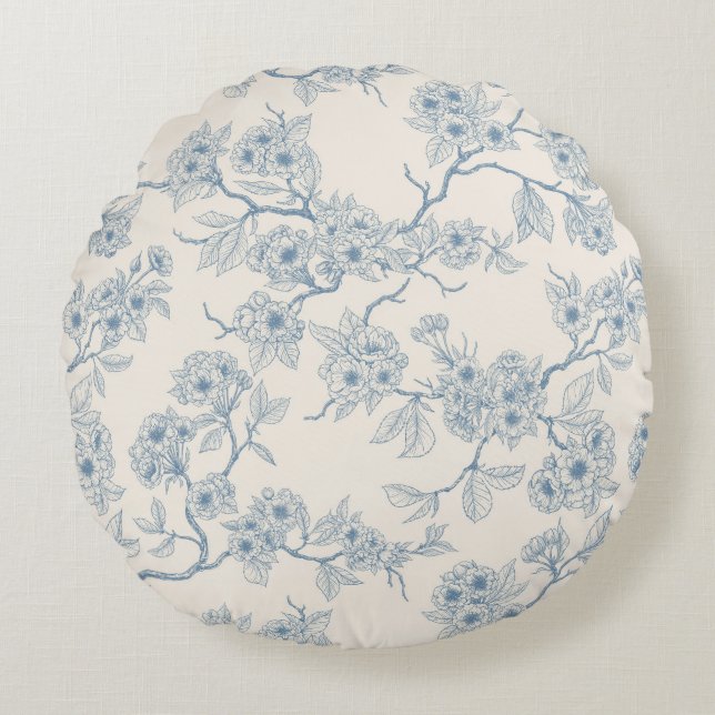 Chery blossom branches in blue and off white rundes kissen (Vorderseite)