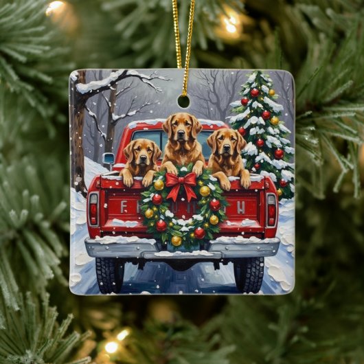 Chesapeake Bay Retriever Christmas Red Truck  Keramikornament (Baum)
