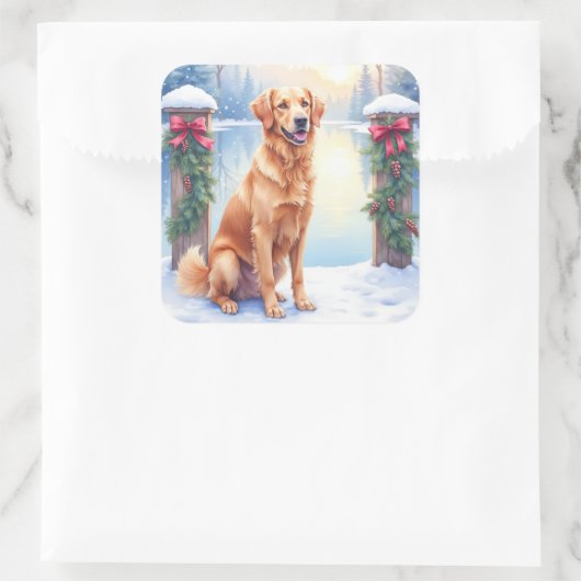 Chesapeake Bay Retriever Winter Lakeside Christmas Quadratischer Aufkleber (Tasche)
